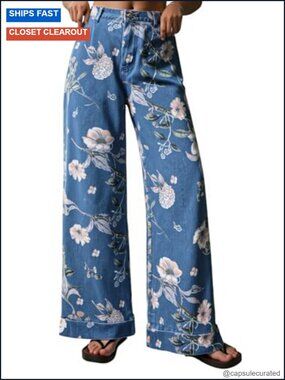 Boho Floral Baggy Wide Leg Jeans High Waisted Cotton Blend Denim
